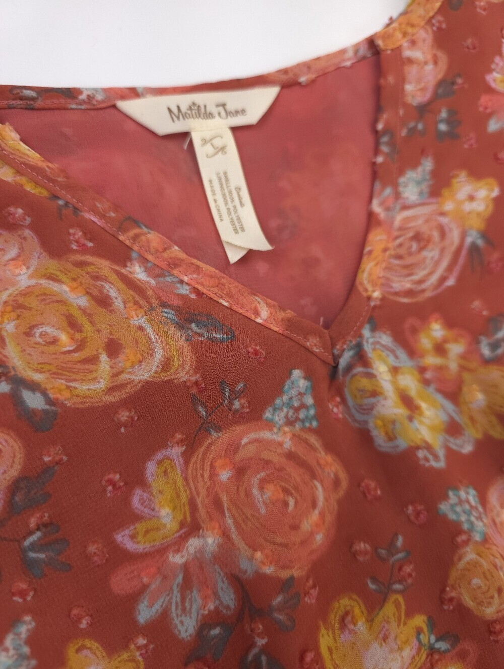 Matilda Jane Coral Floral V-Neck Blouse Sz L - Picture 3 of 11